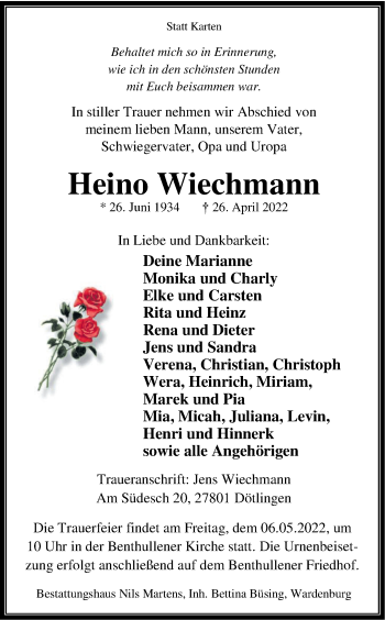 Traueranzeige von Heino Wiechmann von Nordwest-Zeitung