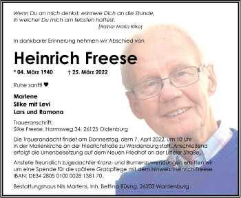 Traueranzeige von Heinrich Freese von Nordwest-Zeitung