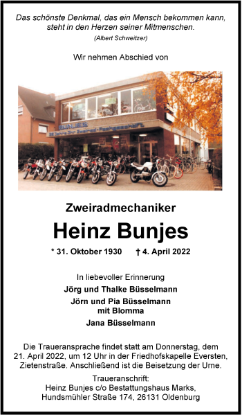 Traueranzeige von Heinz Bunjes von Nordwest-Zeitung