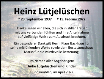 Traueranzeige von Heinz Lütjelüschen von Nordwest-Zeitung