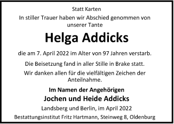Traueranzeige von Helga Addicks von Nordwest-Zeitung