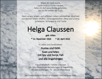Traueranzeige von Helga Claussen von Nordwest-Zeitung