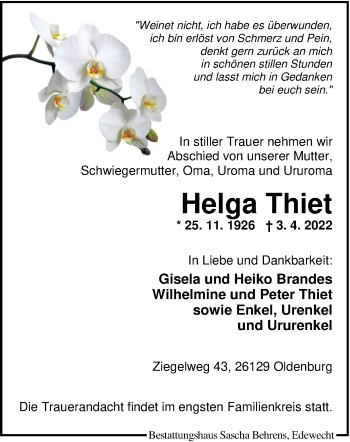 Traueranzeige von Helga Thiet von Nordwest-Zeitung