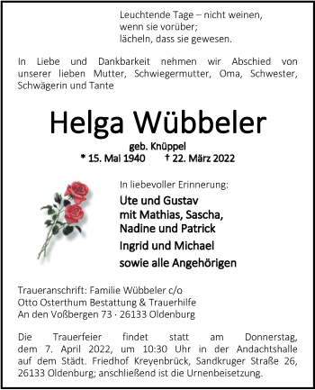 Traueranzeige von Helga Wübbeler von Nordwest-Zeitung