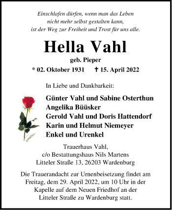 Traueranzeige von Hella Vahl von Nordwest-Zeitung