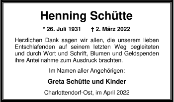 Traueranzeige von Henning Schütte von Nordwest-Zeitung