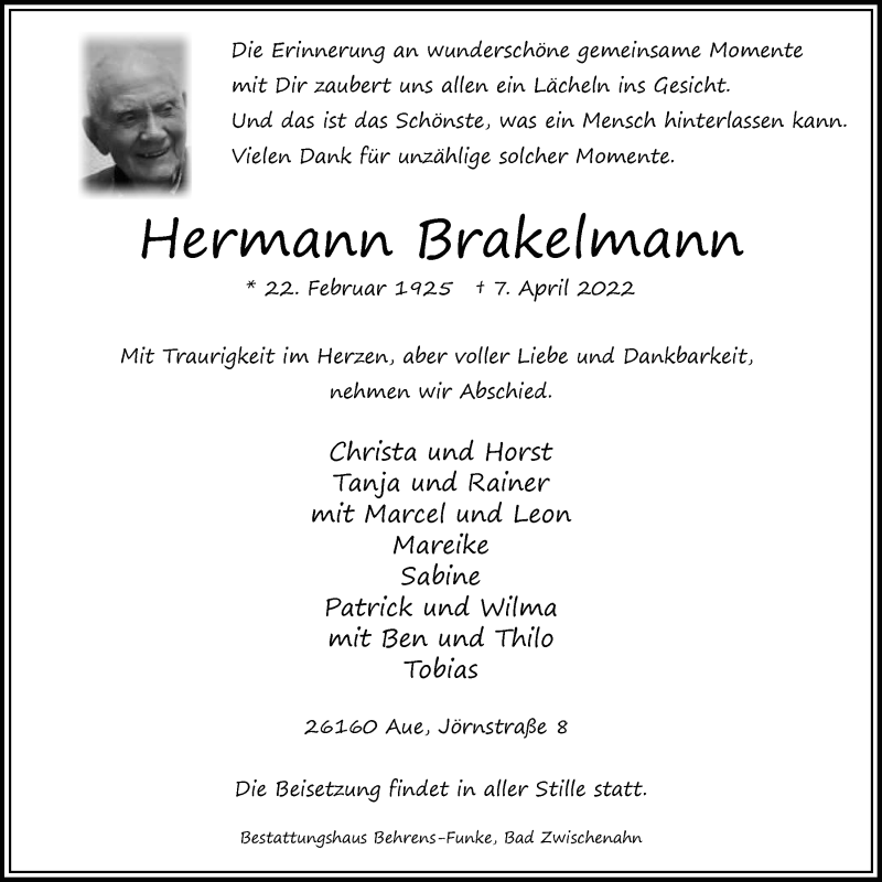  Traueranzeige für Hermann Brakelmann vom 14.04.2022 aus Nordwest-Zeitung