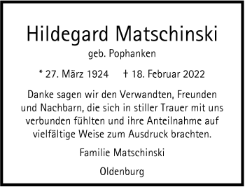 Traueranzeige von Hildegard Matschinski von Nordwest-Zeitung