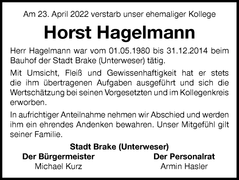  Traueranzeige für Horst Hagelmann vom 30.04.2022 aus Nordwest-Zeitung