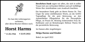 Traueranzeige von Horst Harms von Nordwest-Zeitung