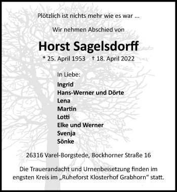 Traueranzeige von Horst Sagelsdorff von Nordwest-Zeitung