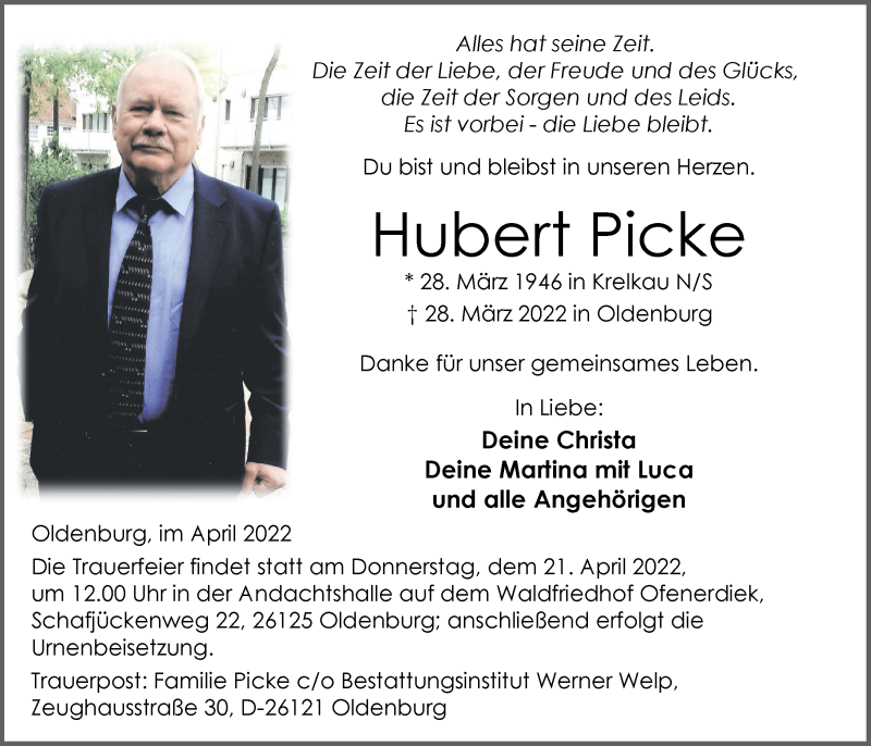  Traueranzeige für Hubert Picke vom 09.04.2022 aus Nordwest-Zeitung