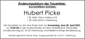 Traueranzeige von Hubert Picke von Nordwest-Zeitung