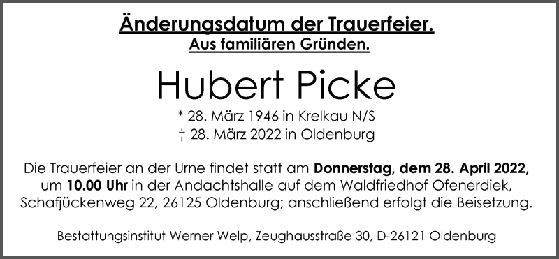  Traueranzeige für Hubert Picke vom 16.04.2022 aus Nordwest-Zeitung