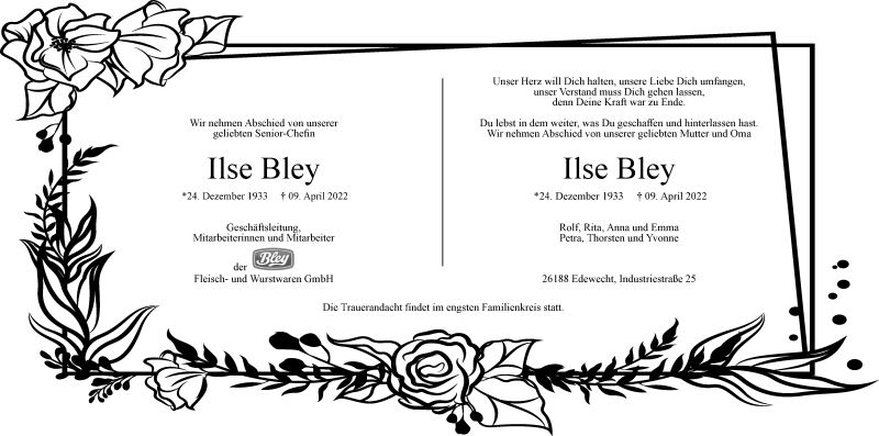  Traueranzeige für Ilse Bley vom 12.04.2022 aus Nordwest-Zeitung