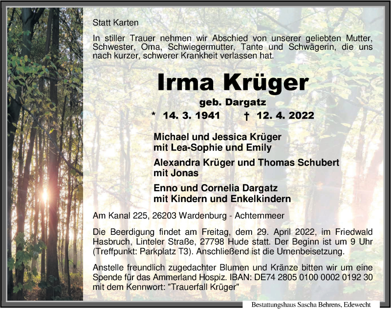  Traueranzeige für Irma Krüger vom 23.04.2022 aus Nordwest-Zeitung