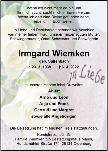 Traueranzeige von Irmgard Wiemken von Nordwest-Zeitung