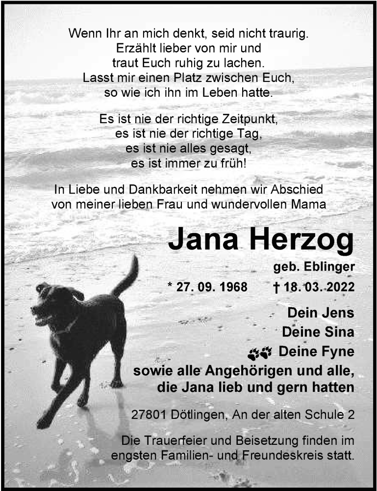  Traueranzeige für Jana Herzog vom 02.04.2022 aus Nordwest-Zeitung