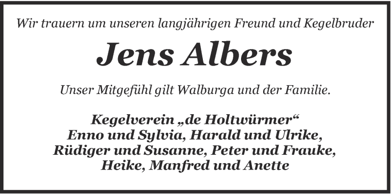  Traueranzeige für Jens Albers vom 27.04.2022 aus Nordwest-Zeitung