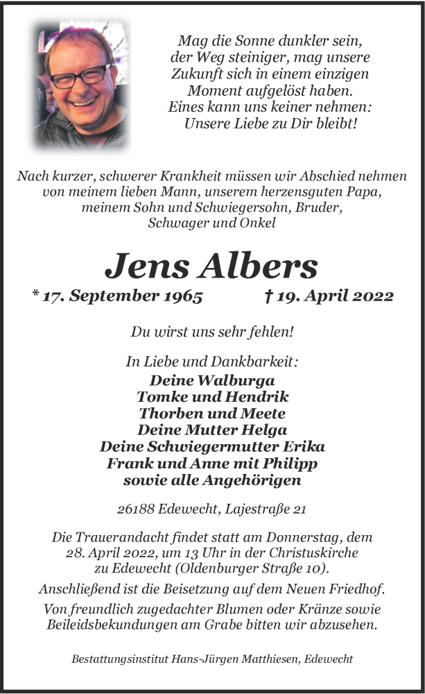  Traueranzeige für Jens Albers vom 23.04.2022 aus Nordwest-Zeitung