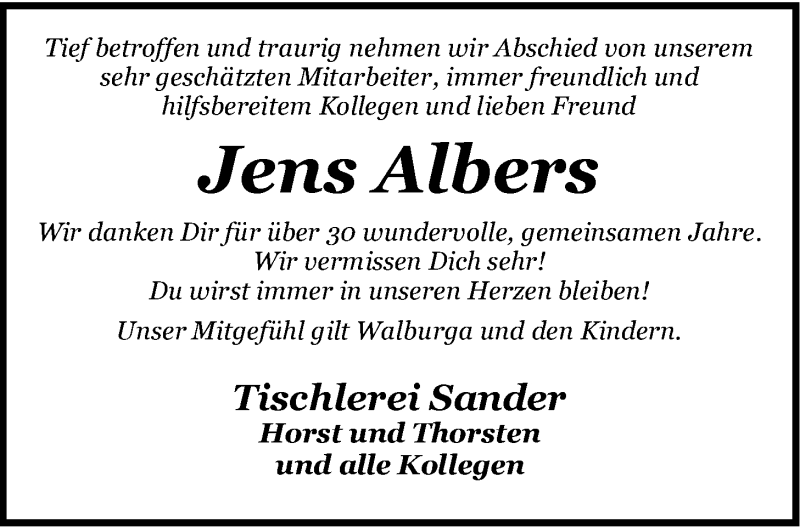  Traueranzeige für Jens Albers vom 23.04.2022 aus Nordwest-Zeitung