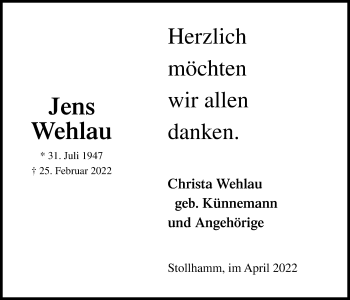 Traueranzeige von Jens Wehlau von Nordwest-Zeitung