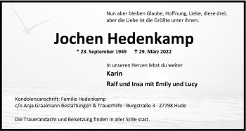 Traueranzeige von Jochen Hedenkamp von Nordwest-Zeitung
