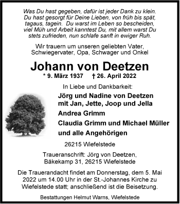 Traueranzeige von Johann von Deetzen von Nordwest-Zeitung