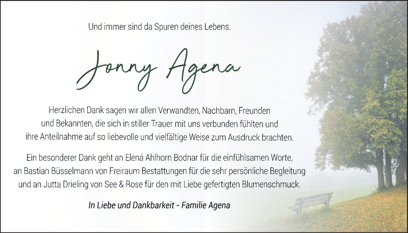  Traueranzeige für Jonny Agena vom 16.04.2022 aus Nordwest-Zeitung