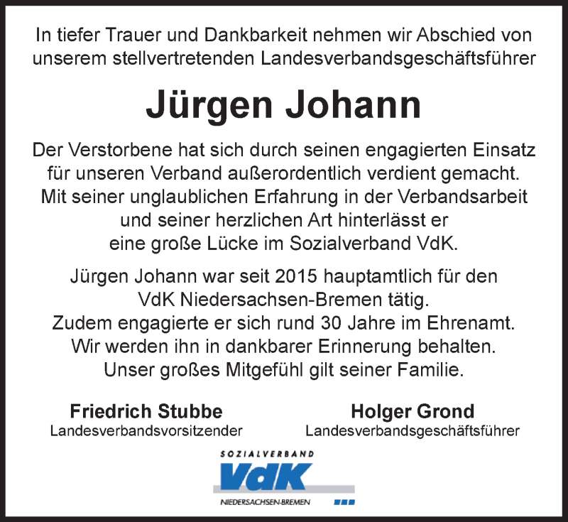  Traueranzeige für Jürgen Johann vom 23.04.2022 aus Nordwest-Zeitung