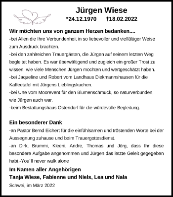 Traueranzeige von Jürgen Wiese von Nordwest-Zeitung