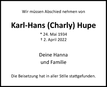 Traueranzeige von Karl-Hans Hupe von Nordwest-Zeitung