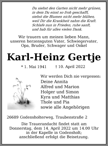 Traueranzeige von Karl-Heinz Gertje von Nordwest-Zeitung
