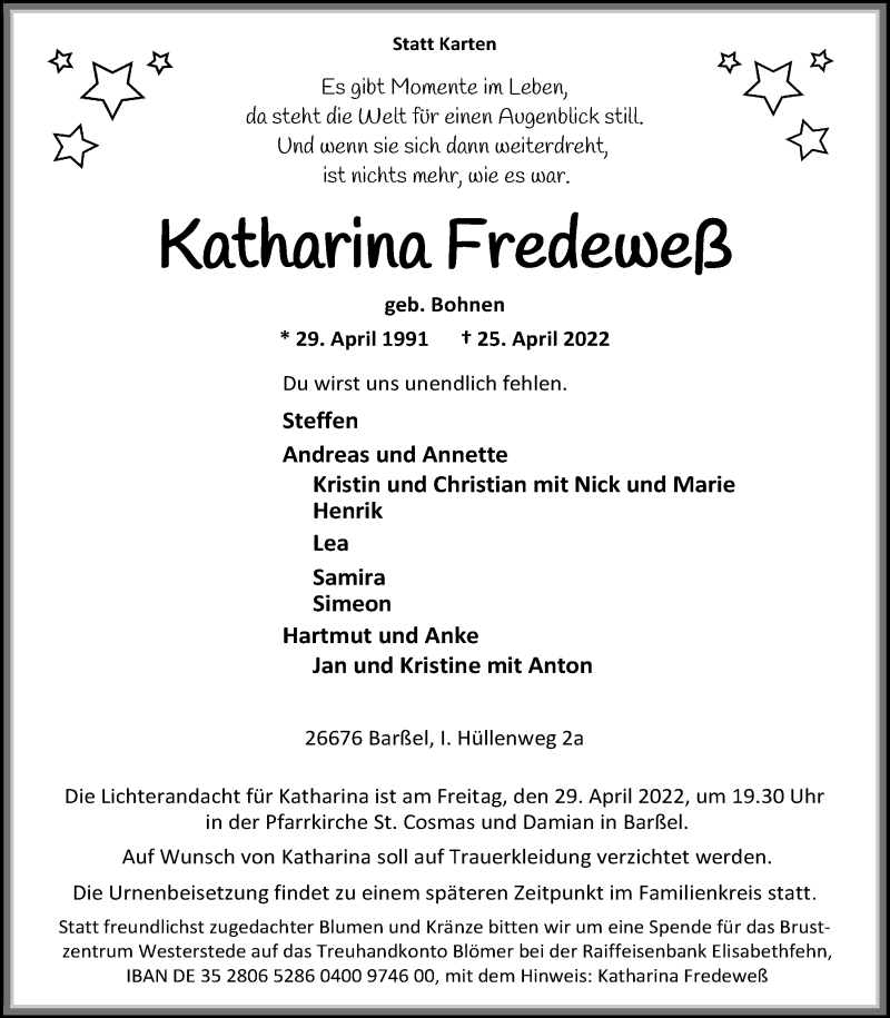  Traueranzeige für Katharina Fredeweß vom 28.04.2022 aus Nordwest-Zeitung