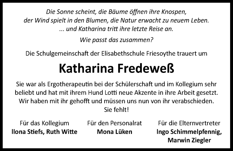  Traueranzeige für Katharina Fredeweß vom 29.04.2022 aus Nordwest-Zeitung