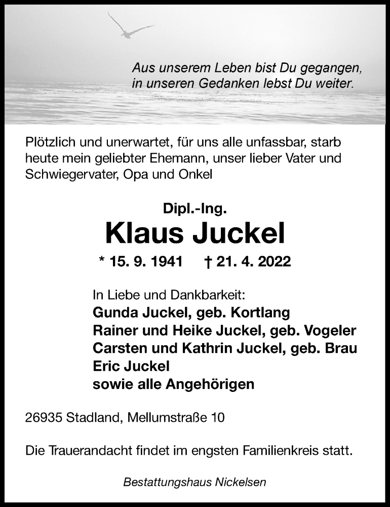  Traueranzeige für Klaus Juckel vom 26.04.2022 aus Nordwest-Zeitung