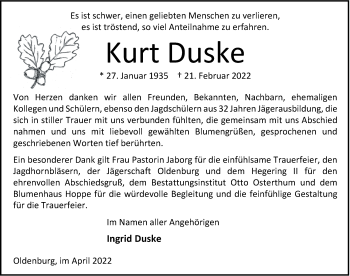 Traueranzeige von Kurt Duske von Nordwest-Zeitung