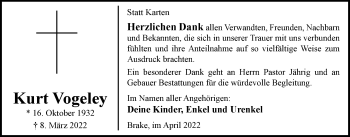 Traueranzeige von Kurt Vogeley von Nordwest-Zeitung