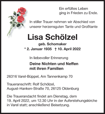 Traueranzeige von Lisa Schölzel von Nordwest-Zeitung