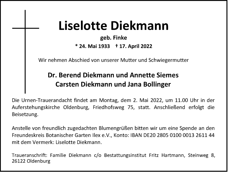  Traueranzeige für Liselotte Diekmann vom 23.04.2022 aus Nordwest-Zeitung