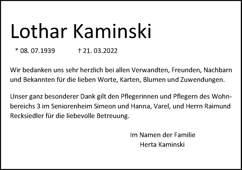  Traueranzeige für Lothar Kaminski vom 30.04.2022 aus Nordwest-Zeitung