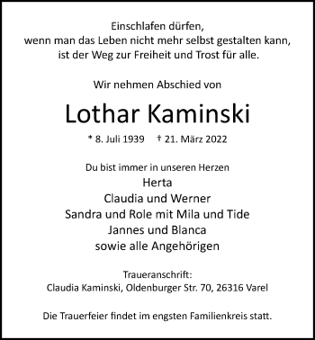 Traueranzeige von Lothar Kaminski von Nordwest-Zeitung