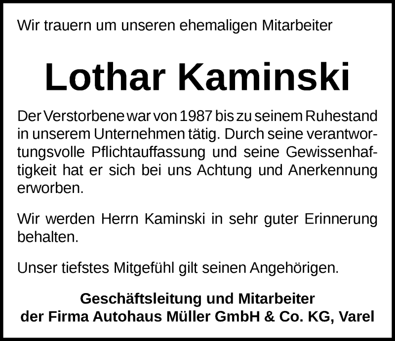  Traueranzeige für Lothar Kaminski vom 06.04.2022 aus Nordwest-Zeitung