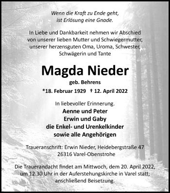 Traueranzeige von Magda Nieder von Nordwest-Zeitung