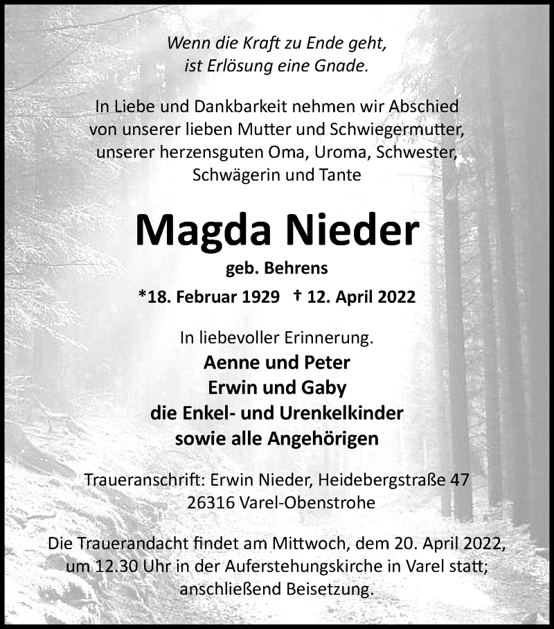  Traueranzeige für Magda Nieder vom 16.04.2022 aus Nordwest-Zeitung