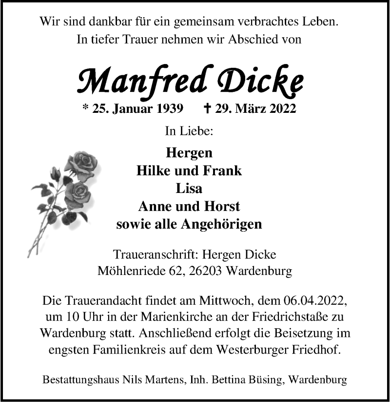  Traueranzeige für Manfred Dicke vom 02.04.2022 aus Nordwest-Zeitung