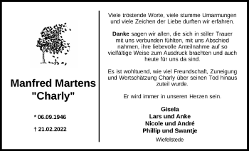 Traueranzeige von Manfred Martens von Nordwest-Zeitung