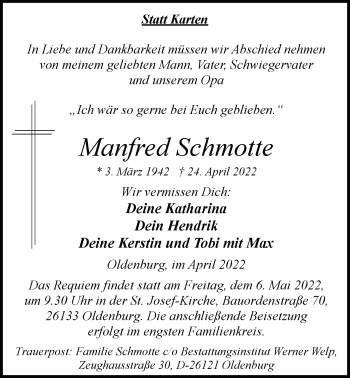 Traueranzeige von Manfred Schmotte von Nordwest-Zeitung