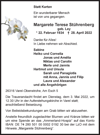 Traueranzeige von Margarete Terese Stührenberg von Nordwest-Zeitung