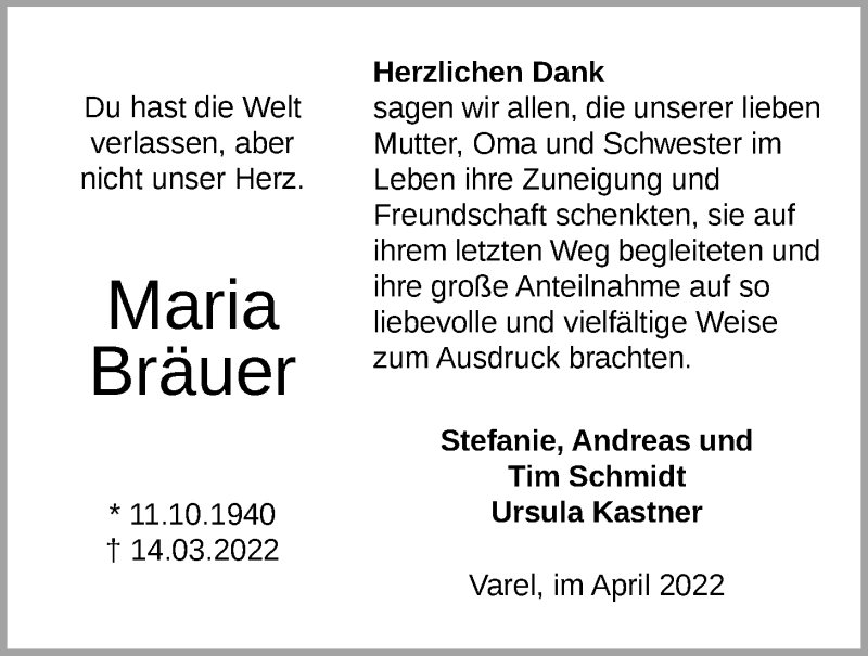  Traueranzeige für Maria Bräuer vom 30.04.2022 aus Nordwest-Zeitung